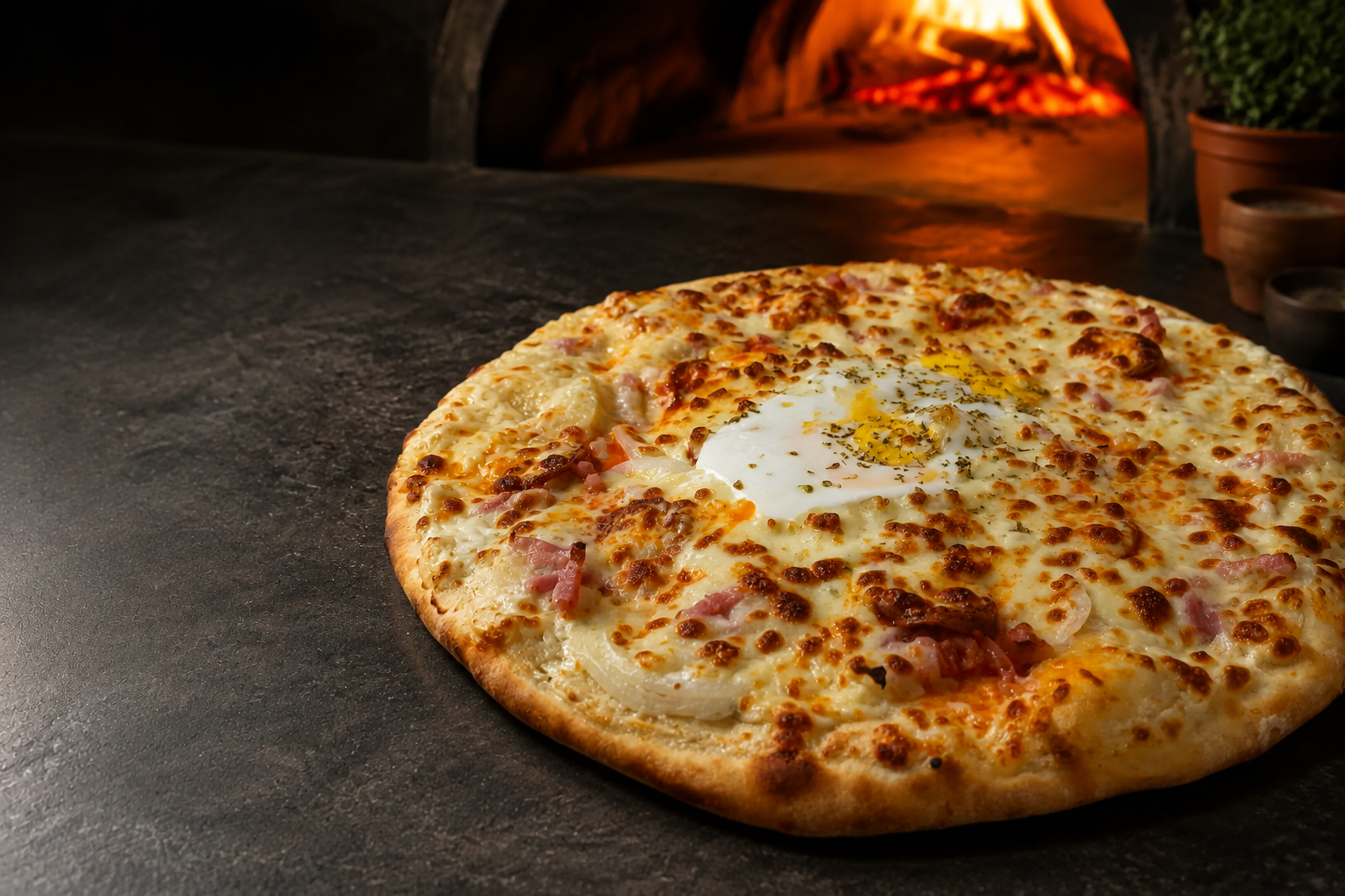 Pizza Louat garnie de fromage, jambon et œuf